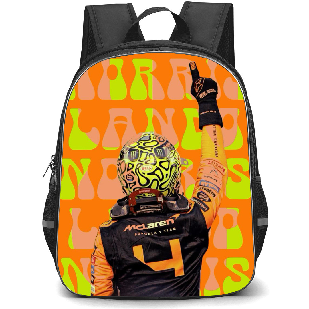 F1 Formula One Lando Norris Backpack StudentPack - Lando Norris Standing Back And Raising Hand On Orange Word Art Background