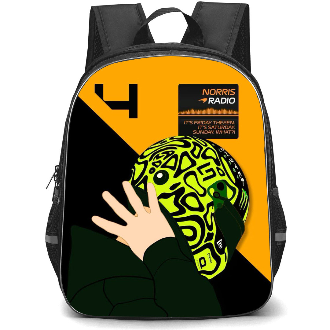F1 Formula One Lando Norris Backpack StudentPack - Lando Norris Wear Helmet Illustration Art On Orange Black Background