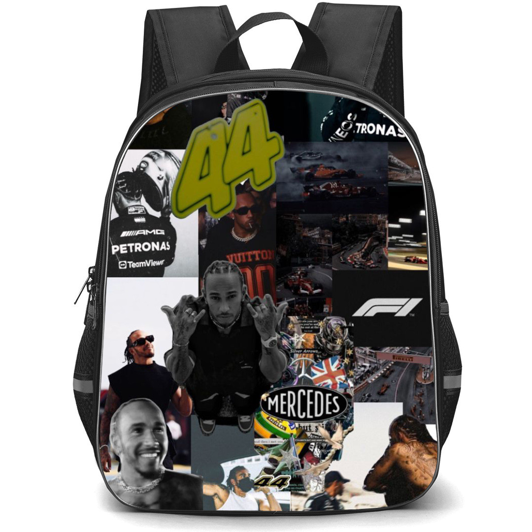F1 Formula One Lewis Hamilton Backpack StudentPack - Black Outfit Collage Art