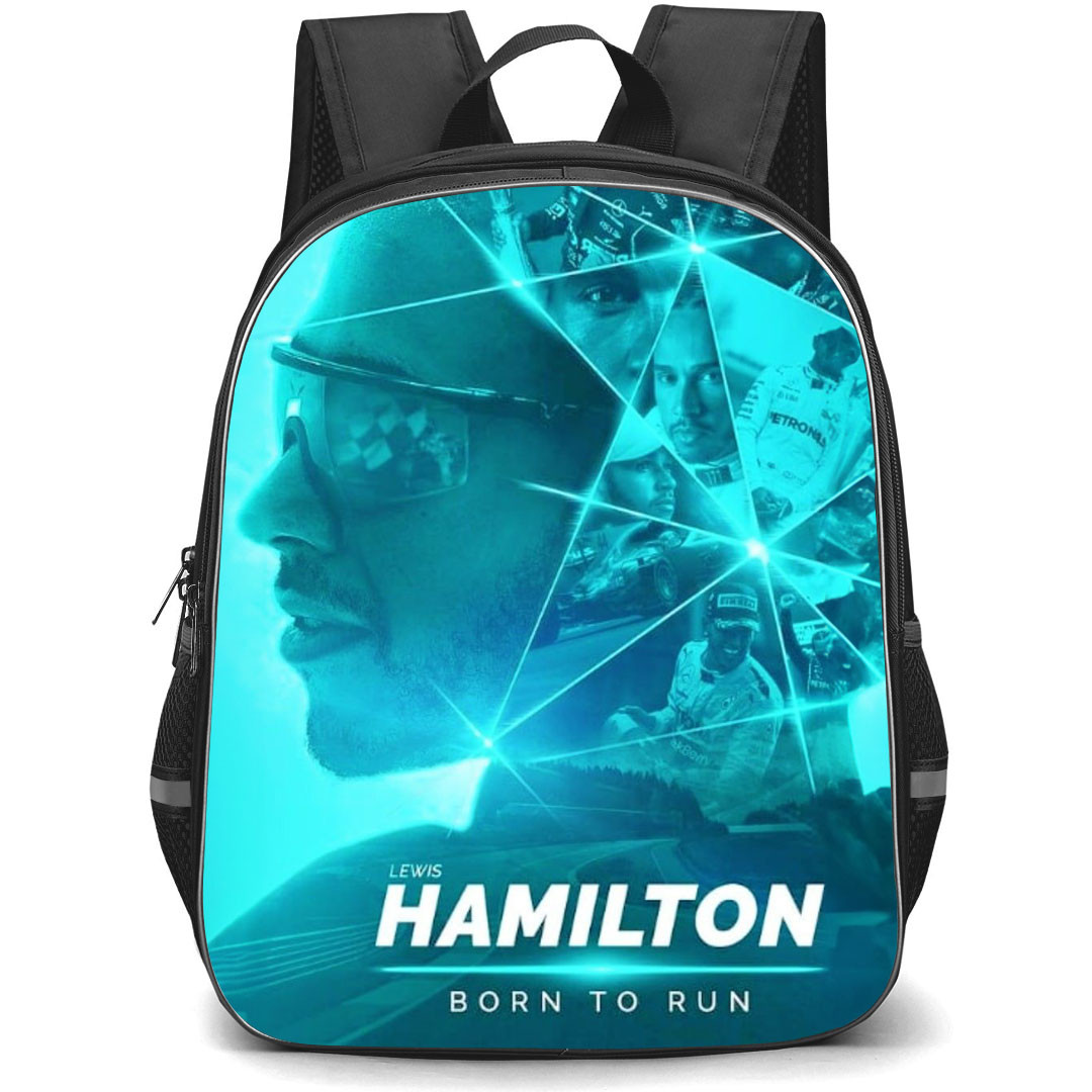 F1 Formula One Lewis Hamilton Backpack StudentPack - Lewis Hamilton Born to Run Cyan Background