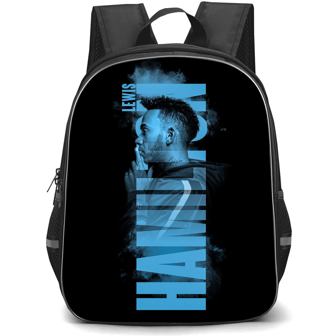 F1 Formula One Lewis Hamilton Backpack StudentPack - Lewis Hamilton Side Portrait On Blue Word Art