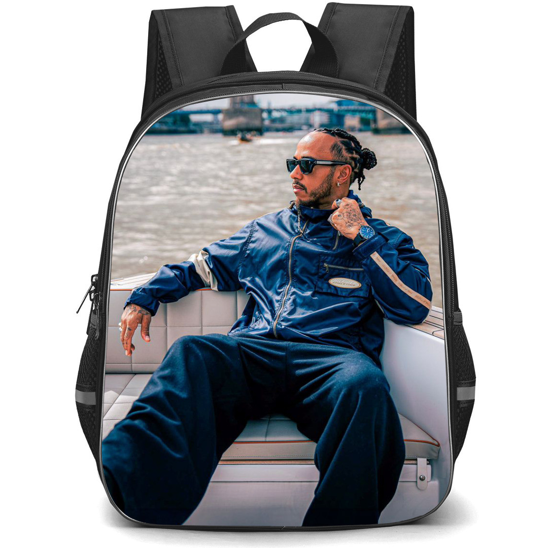 F1 Formula One Lewis Hamilton Backpack StudentPack - Sitting on a Couch Portrait