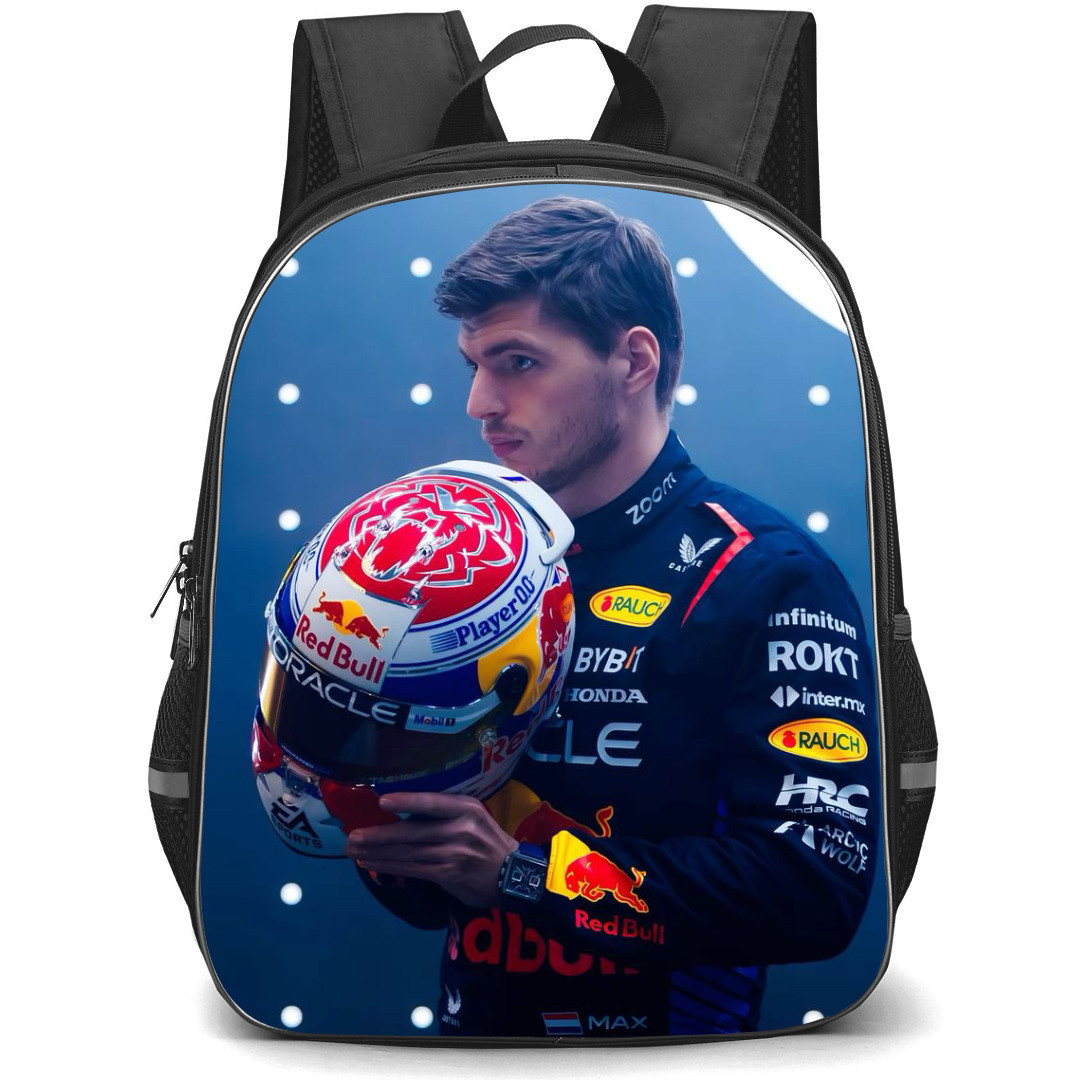 F1 Formula One Max Verstappen Backpack StudentPack - Holding a Helmet Portrait