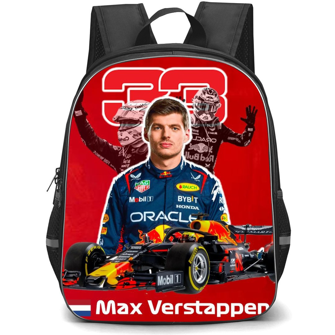 F1 Formula One Max Verstappen Backpack StudentPack - Max Verstappen Portrait With F1 Car On Red Background