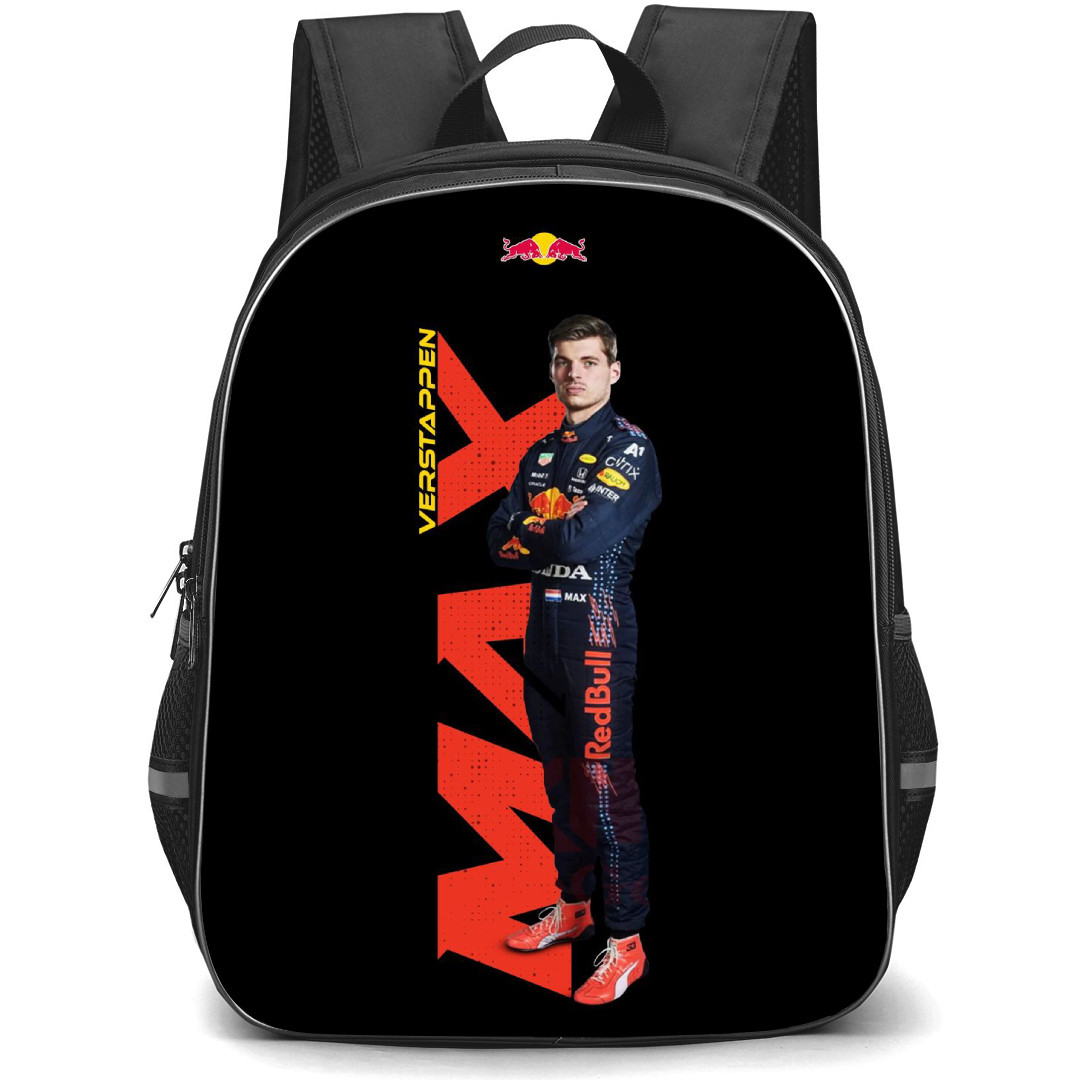 F1 Formula One Max Verstappen Backpack StudentPack - Max Verstappen Standing With RedBull Racing Suit On Black Background