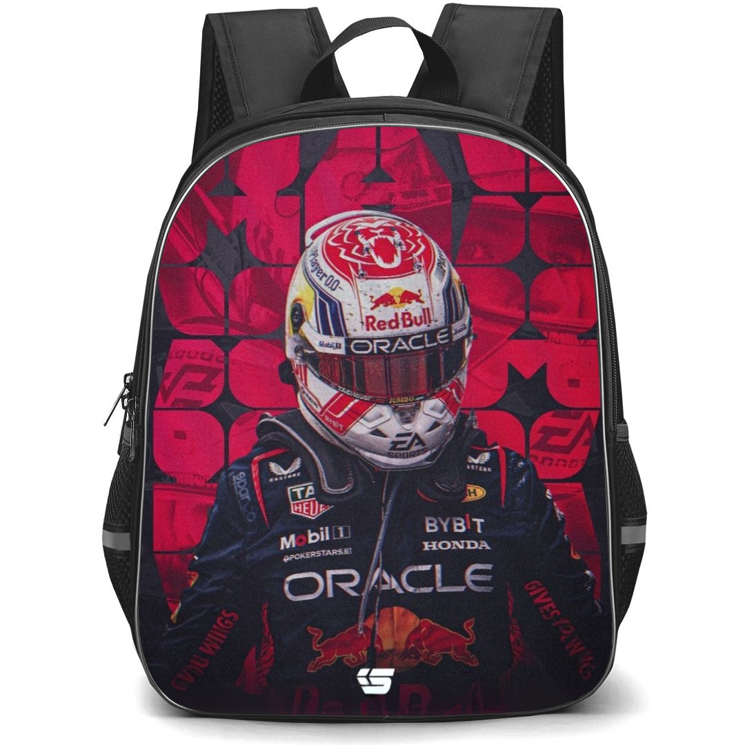 F1 Formula One Max Verstappen Backpack StudentPack - Max Verstappen Wear Racing Suit On Red Word Art Black Background