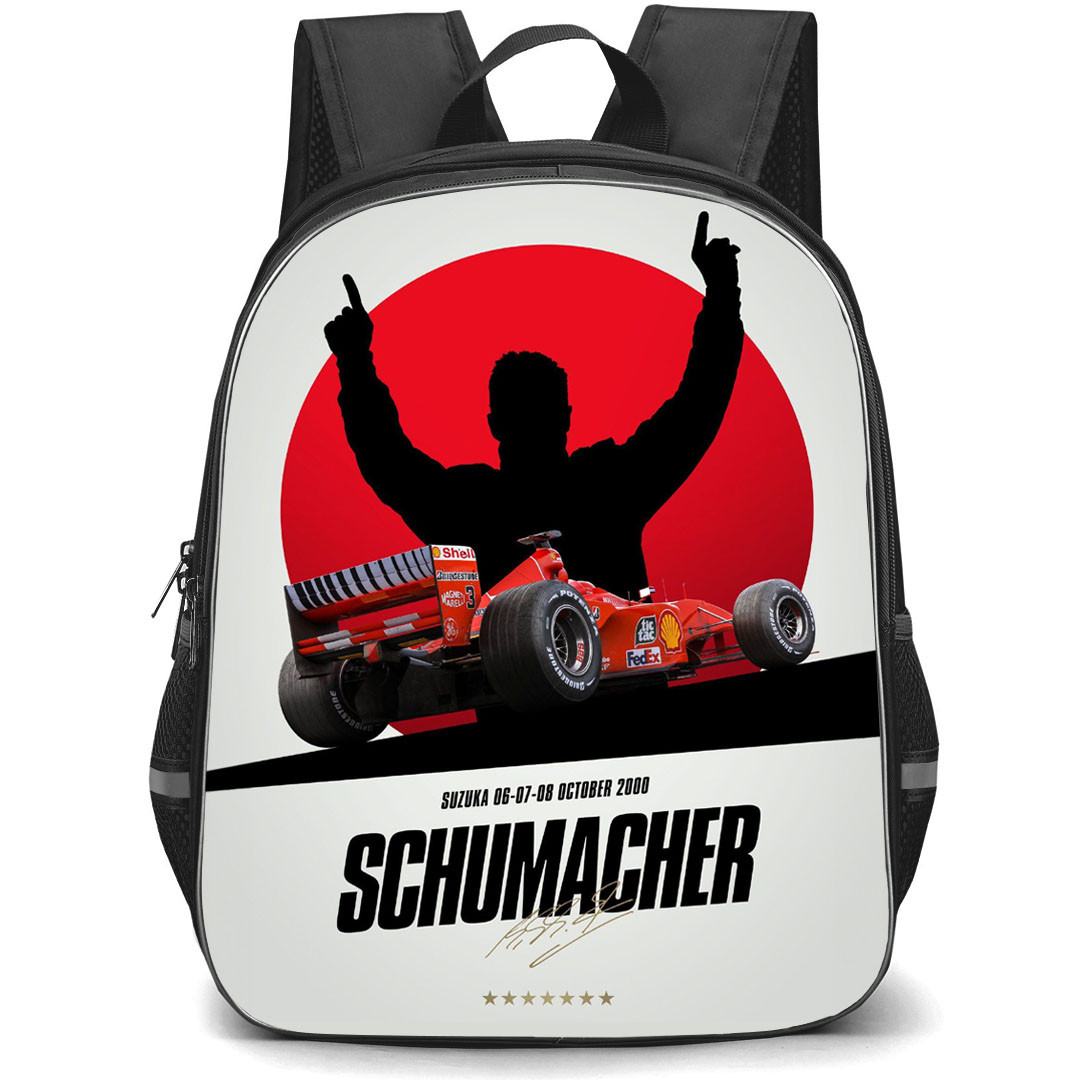 F1 Formula One Michael Schumacher Backpack StudentPack - Michael Schumacher Silhouette With Ferrari F1 2000 Gray Background