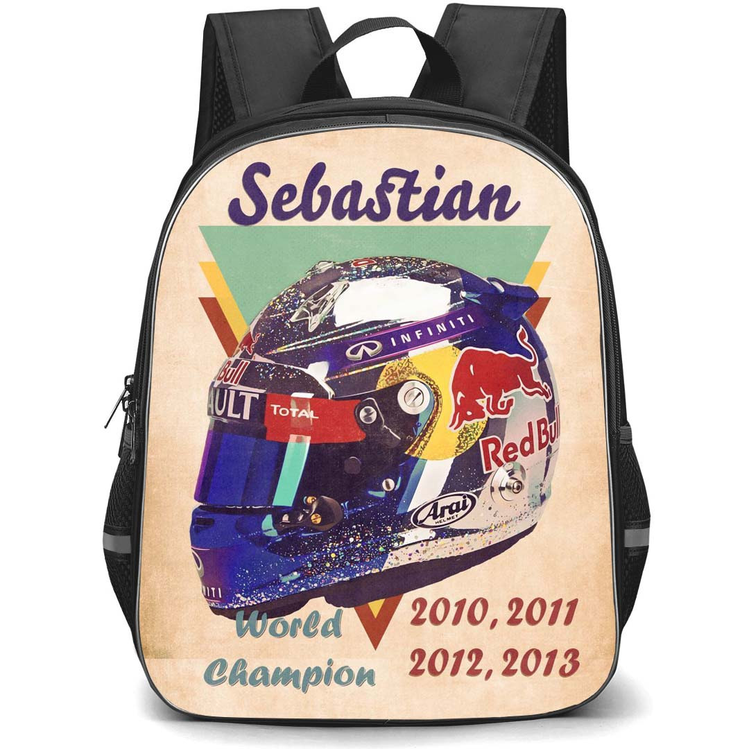 F1 Formula One Sebastian Vettel Backpack StudentPack - Sebastian Vettel 4 Time Champion Helmet Poster