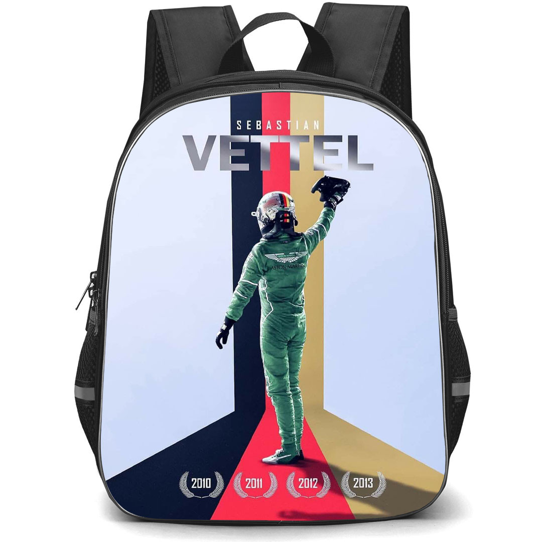 F1 Formula One Sebastian Vettel Backpack StudentPack - Sebastian Vettel 4 Time Champion Standing On Red Black Stripe