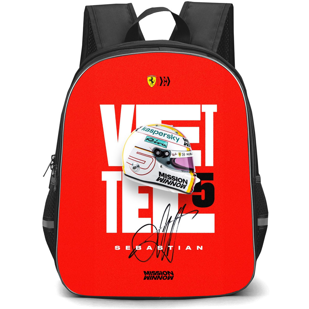 F1 Formula One Sebastian Vettel Backpack StudentPack - Sebastian Vettel Mission Winnow Helmet On Red Background
