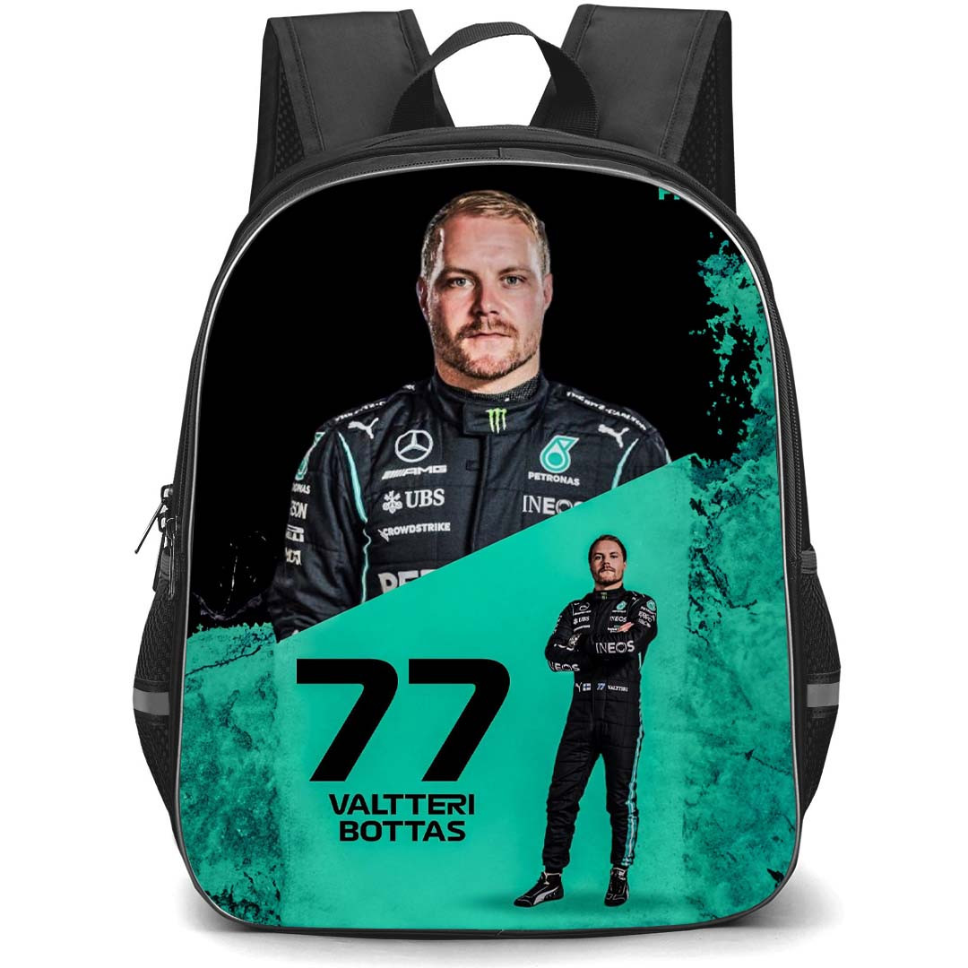 F1 Formula One Valtteri Bottas Backpack StudentPack - Valtteri Bottas 77 Portrait On Black Cyan Background
