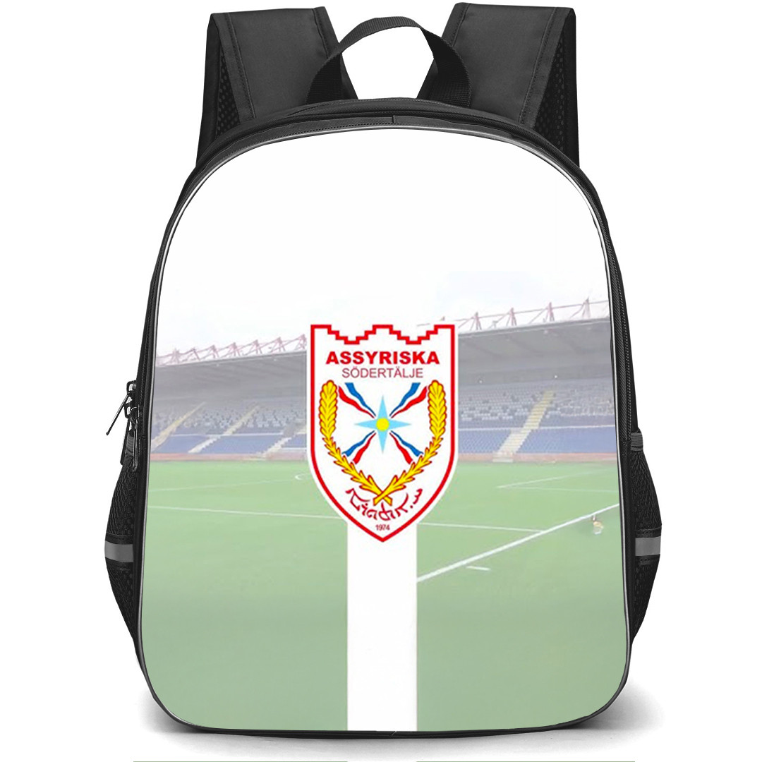 Assyriska FF Backpack School Bag StudentPack - Assyriska FF Logo On White Stripe Stadium Background Football Club