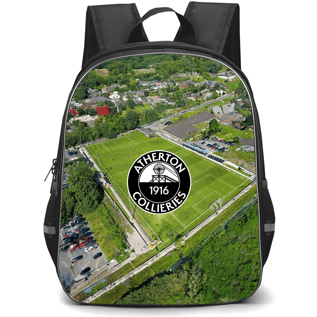 Atherton Collieries Football Club Backpack School Bag StudentPack - Atherton Collieries Football Club With Logo Pitch Background