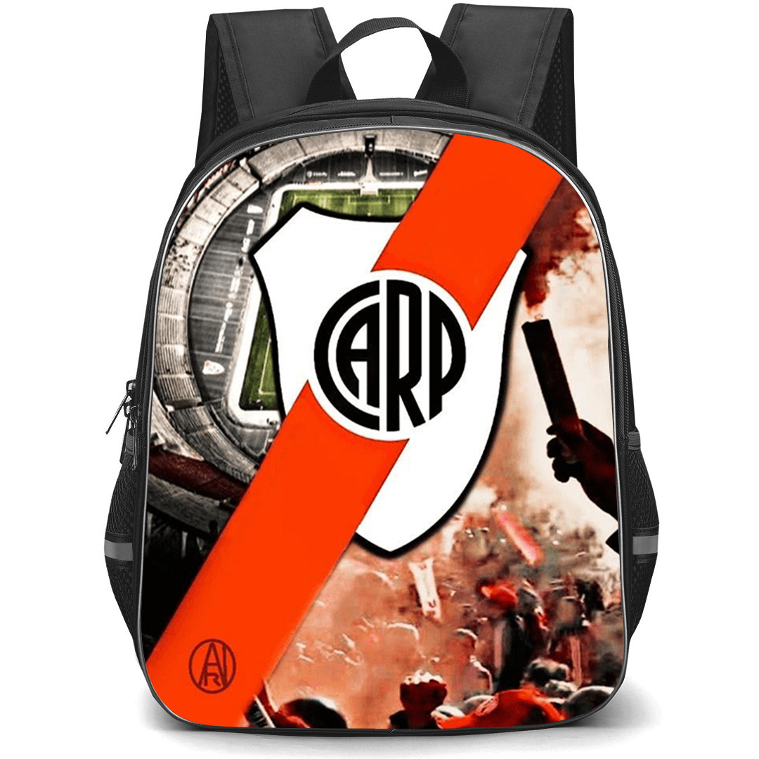 Club Atletico River Plate Backpack School Bag StudentPack - Club Atletico River Plate Stadium with Red Flares and Flags with Logo Diagonal Red Stripes