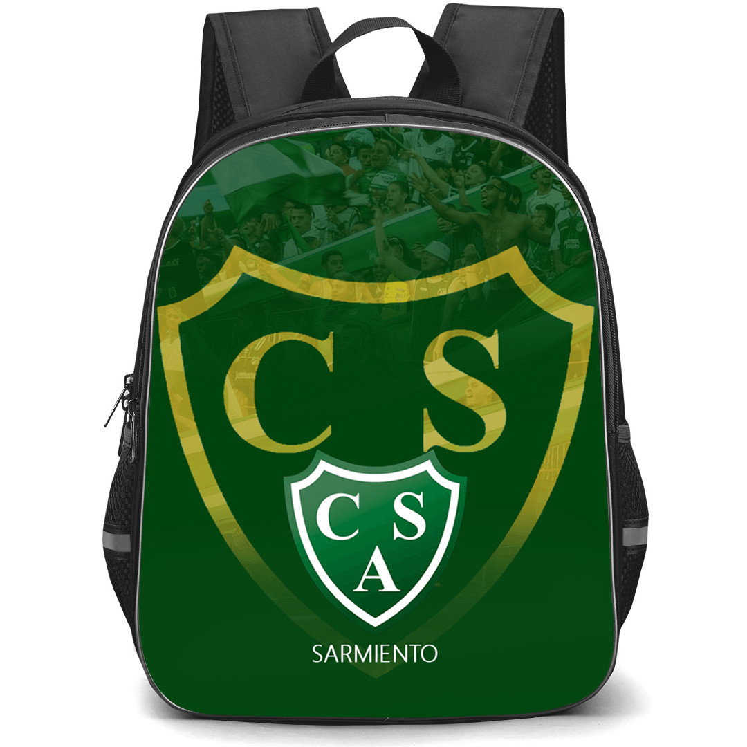 Club Atletico Sarmiento Backpack School Bag StudentPack - Club Atletico Sarmiento Stadium with Logo Diagonal Stripe Green Effect