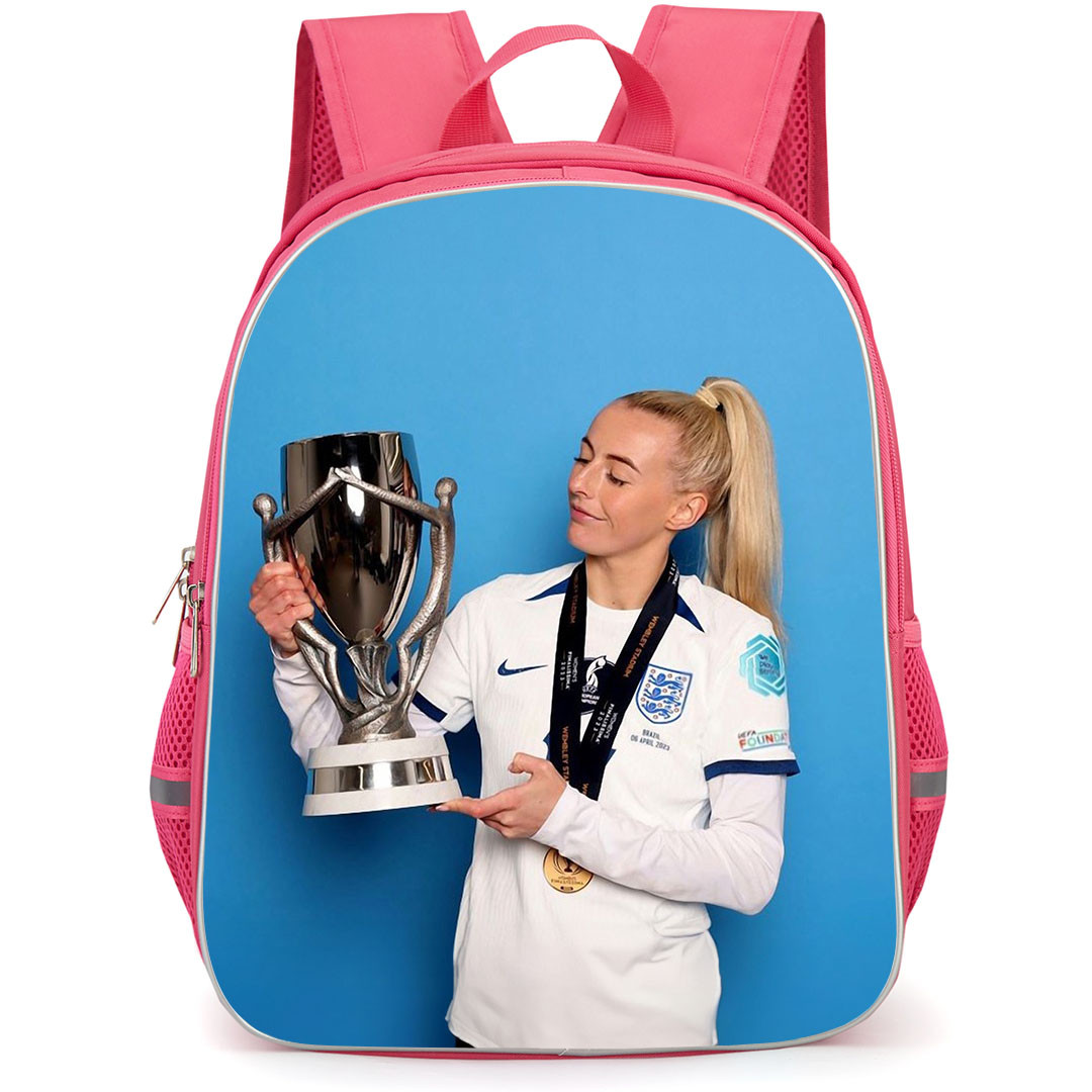 Chloe Kelly Backpack StudentPack - Chloe Kelly England Women's National Football Holding Trophy On Blue Background