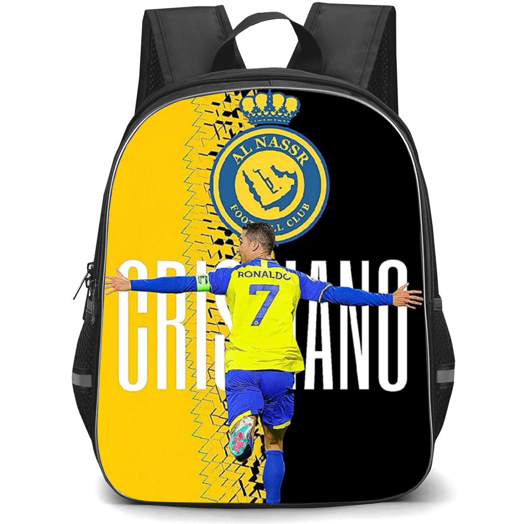 Cristiano Ronaldo Backpack StudentPack - Cristiano Ronaldo 7 Al-Nassr FC Back Running On Yellow Black Background