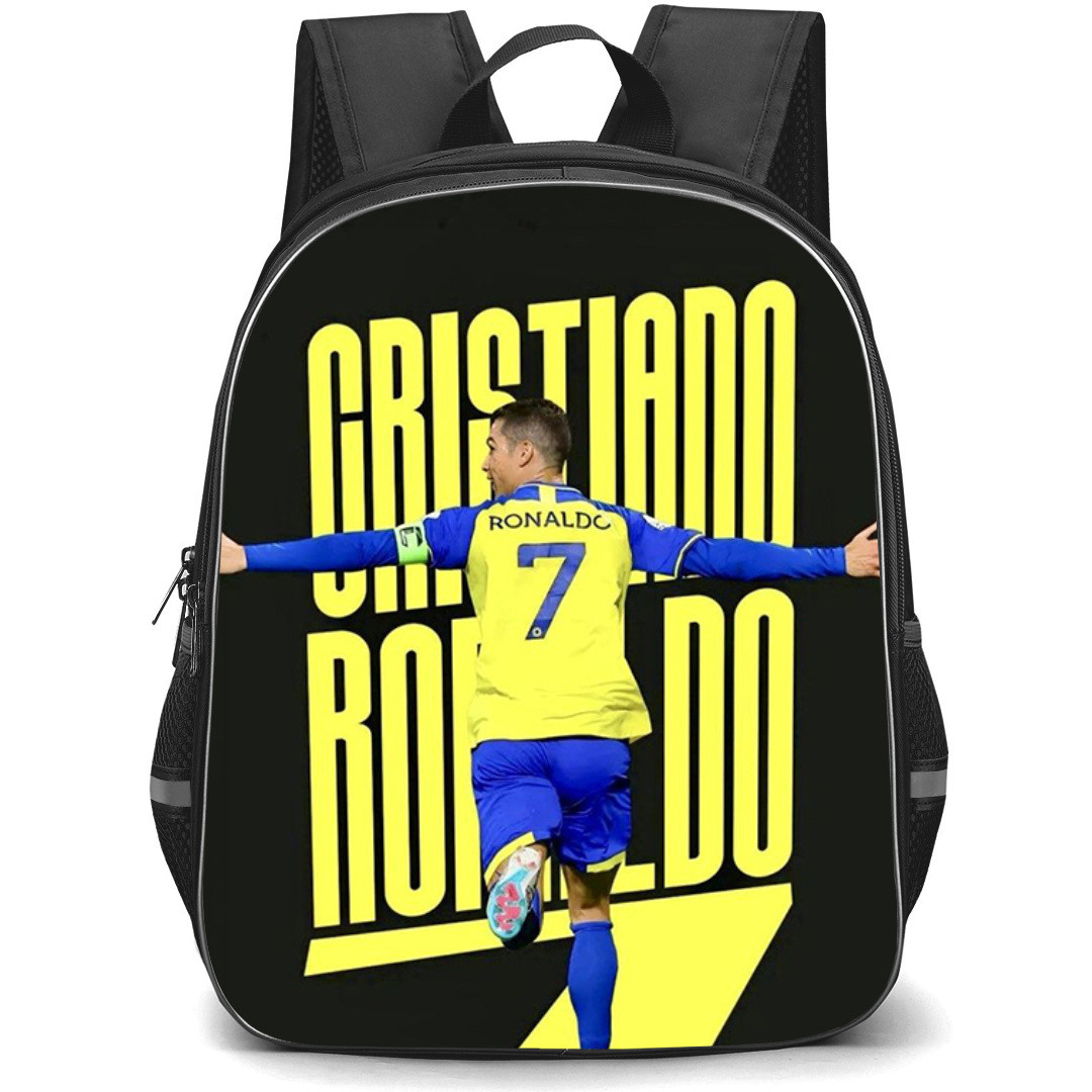 Cristiano Ronaldo Backpack StudentPack - Cristiano Ronaldo 7 Al-Nassr FC Back Running On Yellow Word Art Dark Background
