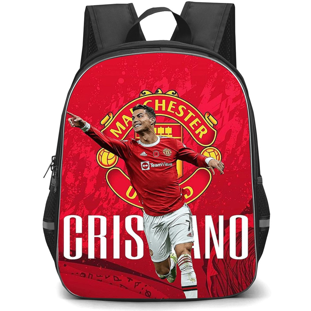 Cristiano Ronaldo Backpack StudentPack - Cristiano Ronaldo Winning Celebration On Man United Logo Red Background