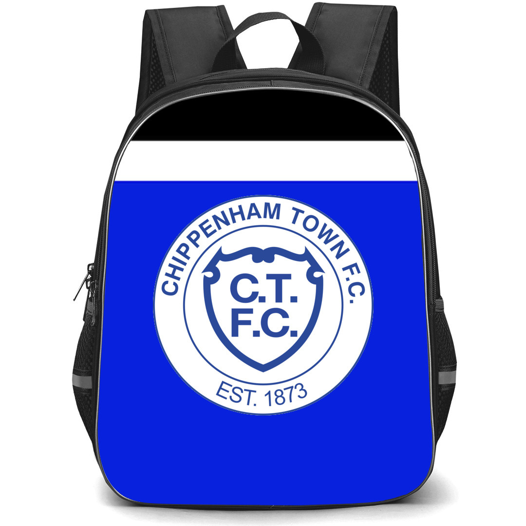 National League South Chippenham Town Backpack School Bag StudentPack - Large Logo In Blue And White Black Background