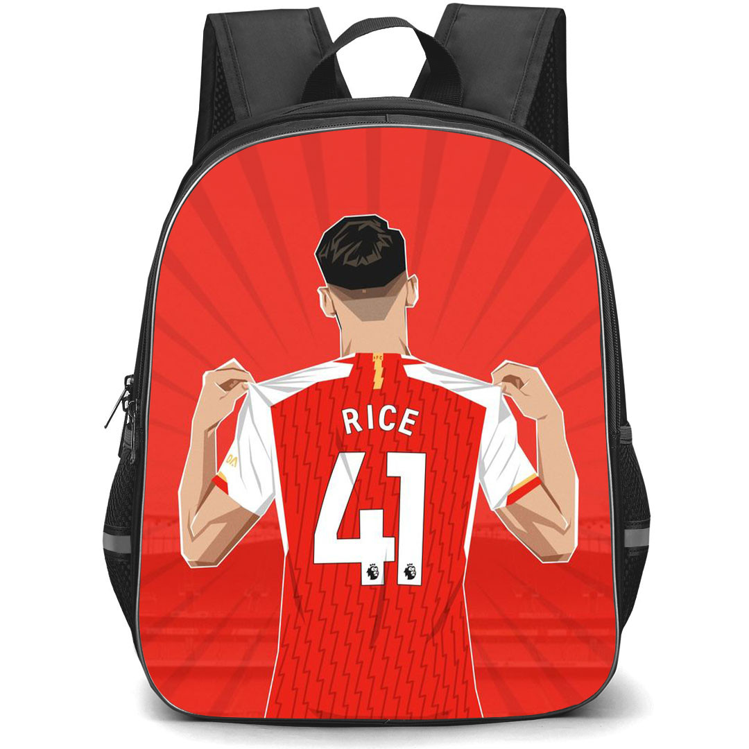 Declan Rice School Backpack StudentPack - Declan Rice 41 Arsenal FC Showing Jersey Illustration Art On Red Background