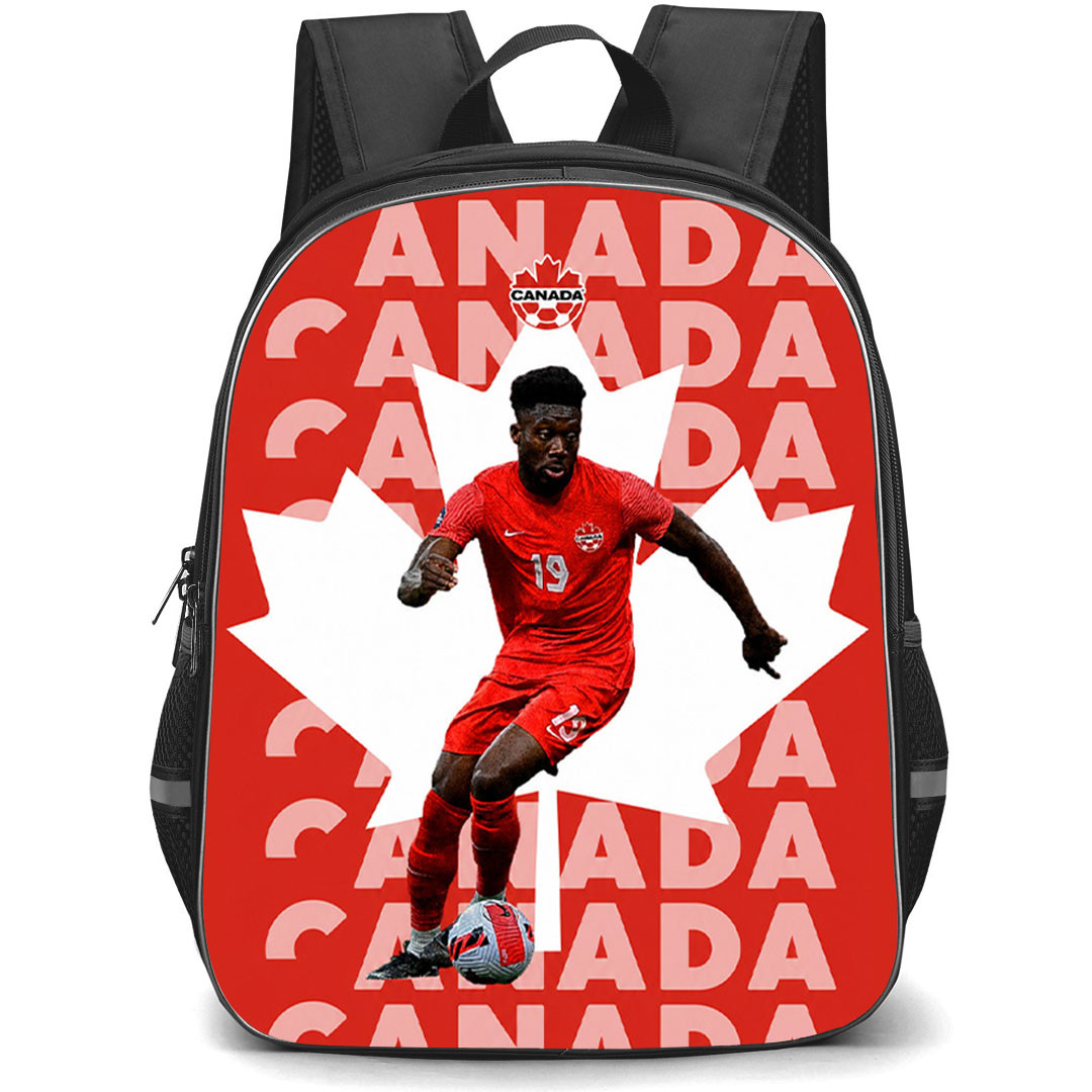 Alphonso Davies Backpack School Bag StudentPack - Alphonso Davies Jersey Number 19 Dribbling On Maple Leaf Word Art Background