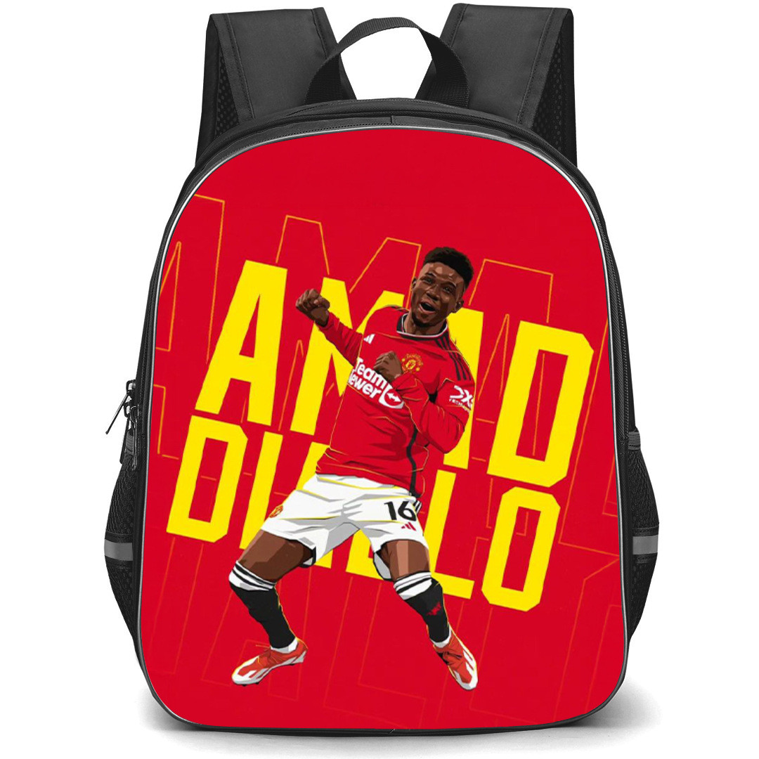 Amad Diallo Backpack StudentPack - Amad Diallo Celebration Illustration Art On Yellow Word Art Red Background