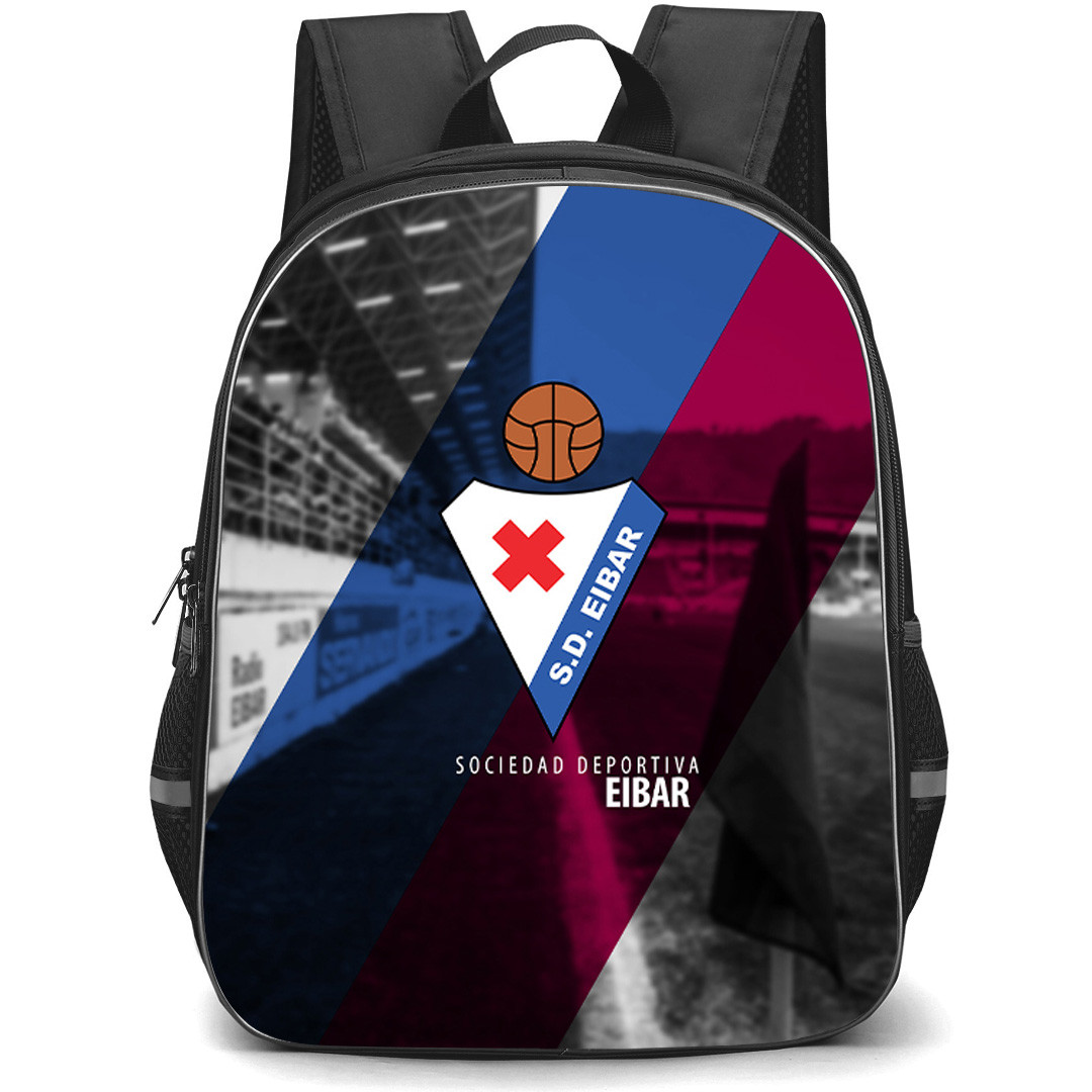 Eibar SD Backpack School Bag StudentPack - Eibar SD Logo On Gray Stadium Background Football Club
