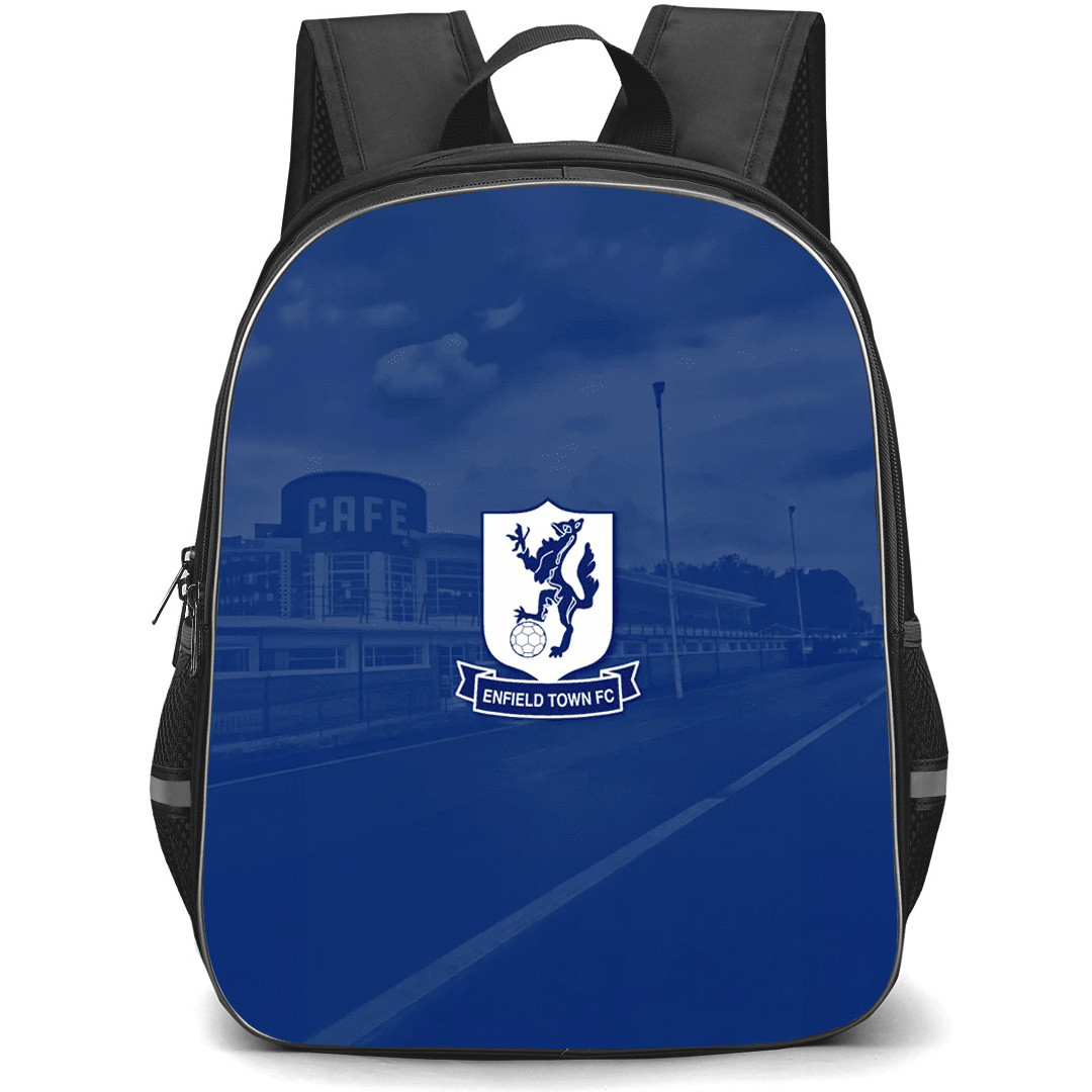 Enfield Football Club Backpack School Bag StudentPack - Enfield Football Club Stadium With Logo Blue Overlay Effect