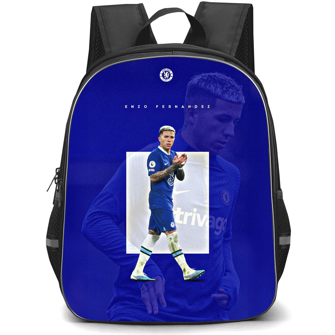 Enzo Fernandez Backpack StudentPack - Enzo Fernandez Chelsea F.C. Standing And Clapping Poster On Blue Background