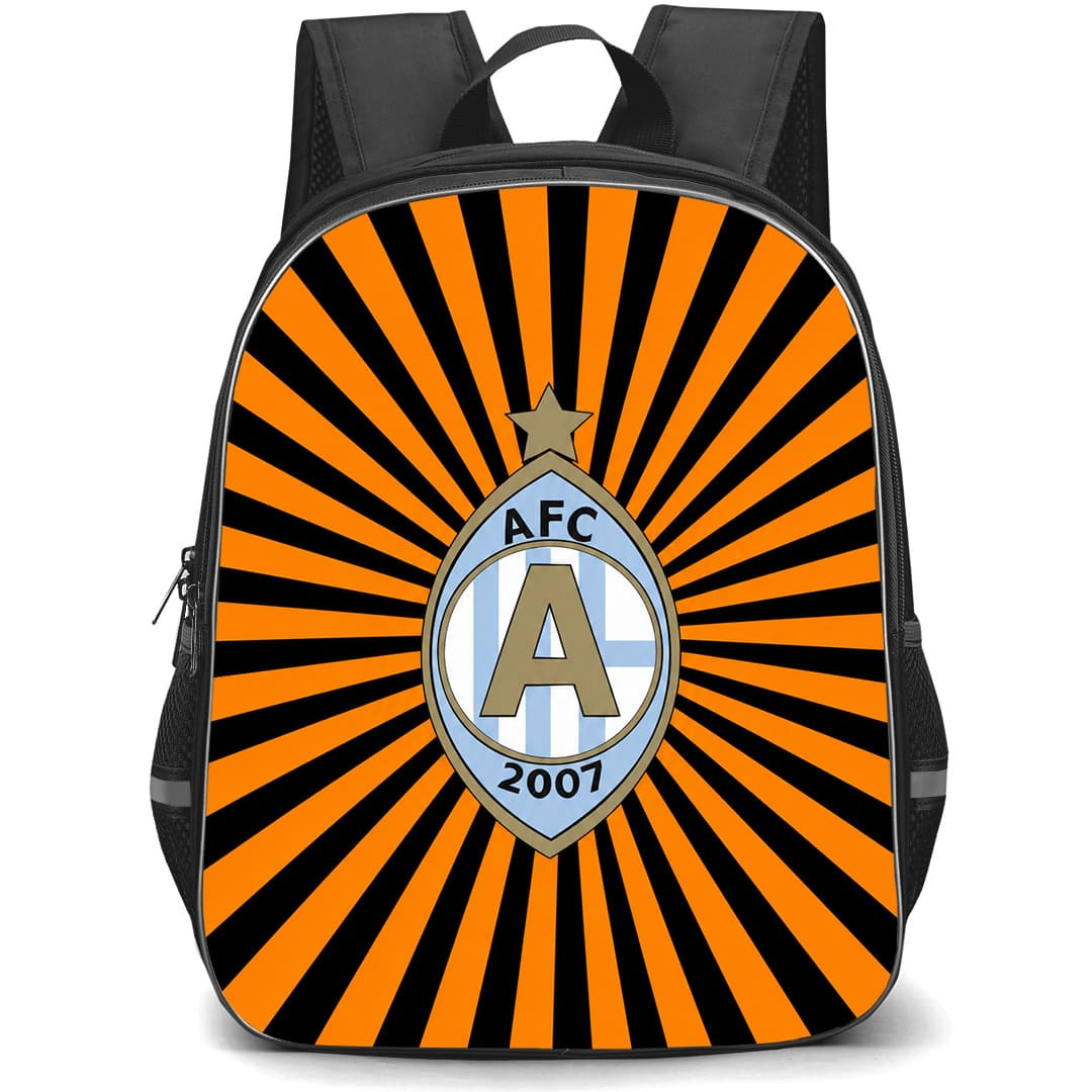 AFC Eskilstuna Backpack School Bag StudentPack - AFC Eskilstuna Logo On Black Orange Abstract Striped Background Football Club