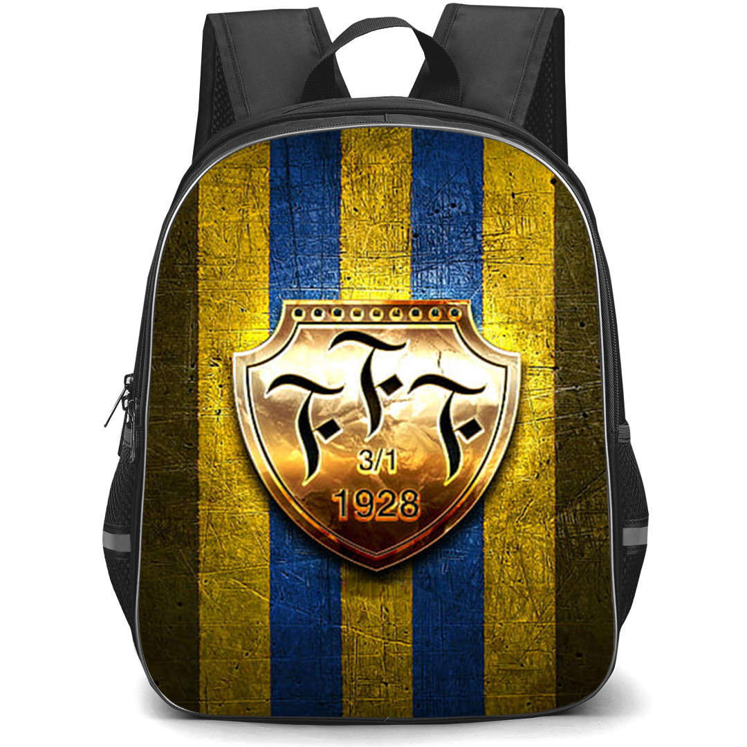 Falkenbergs FF Backpack School Bag StudentPack - Falkenbergs FF Metal Logo On Golden Blue Stripe Background Football Club