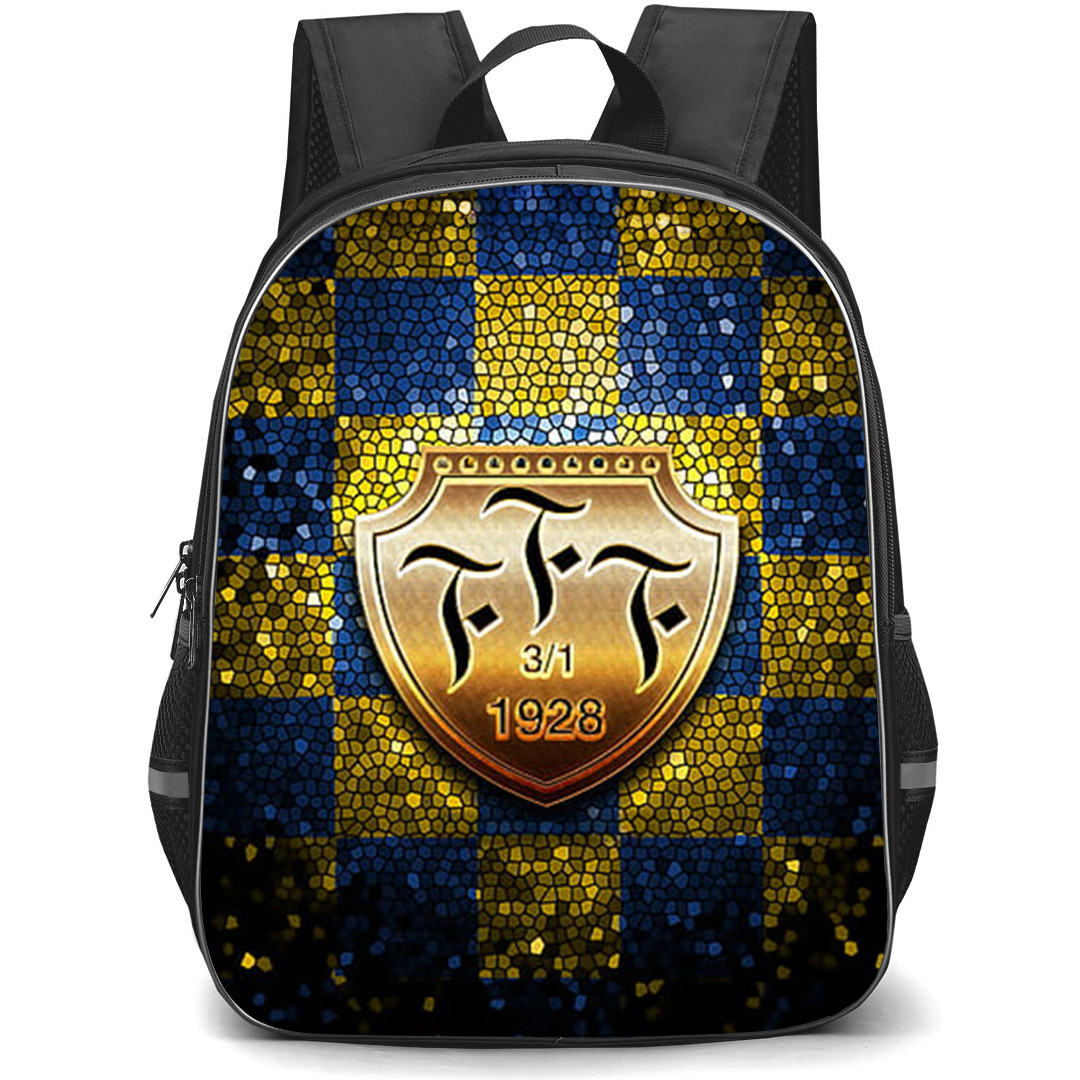 Falkenbergs FF Backpack School Bag StudentPack - Falkenbergs FF Metal Logo On Mosaic Of Blue Golden Tiles Football Club