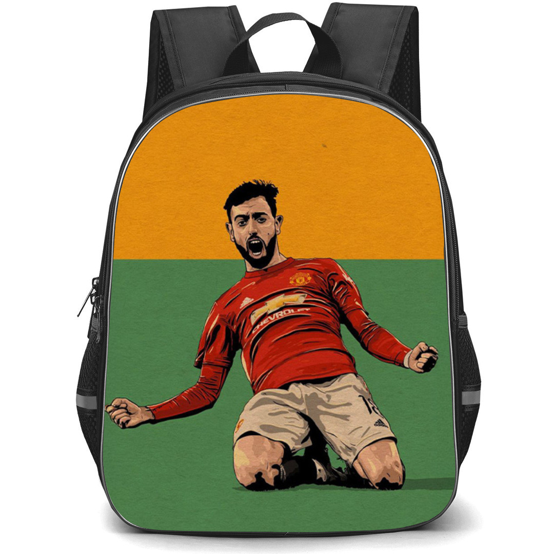 Bruno Fernandes Backpack StudentPack - Bruno Fernandes Manchester United Signature Goal Celebration Illustration On Green Orange Background