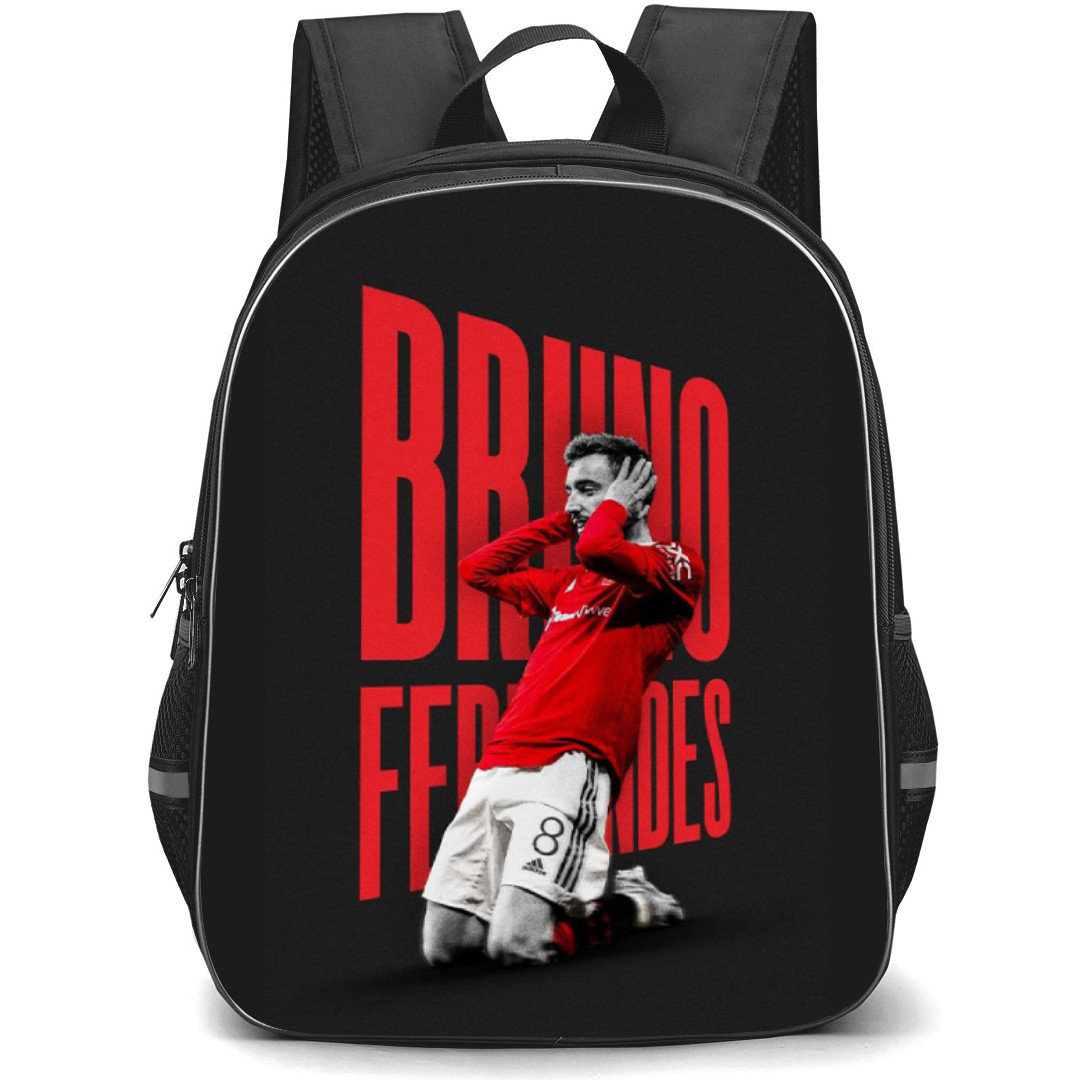 Bruno Fernandes Backpack StudentPack - Bruno Fernandes Manchester United Celebration On Red Word Art Black Background