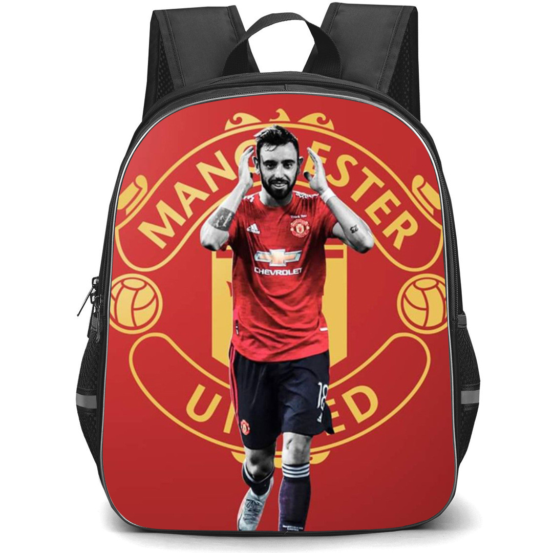 Bruno Fernandes Backpack StudentPack - Bruno Fernandes Running On Manchester United Logo On Red Background