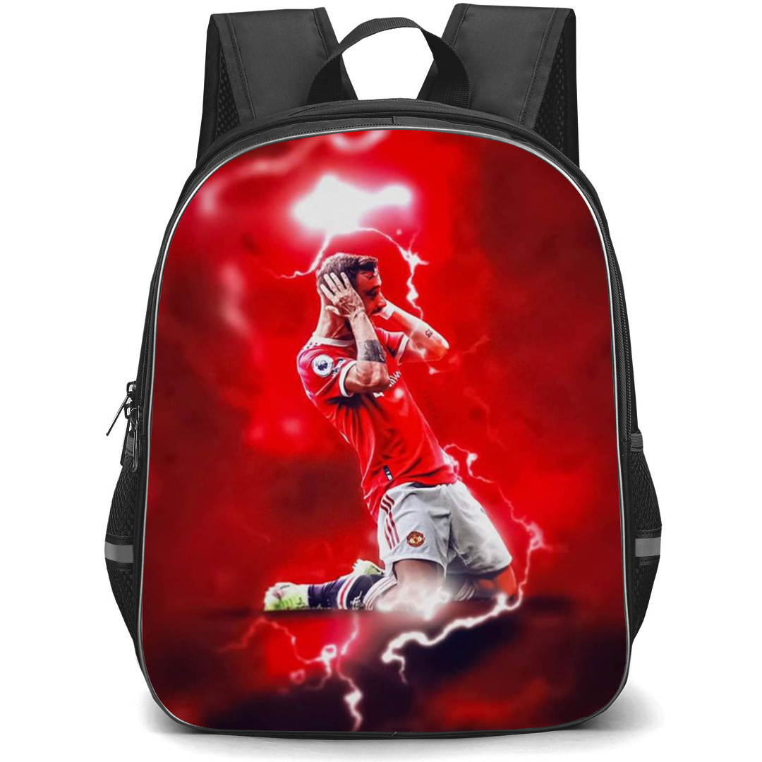 Bruno Fernandes Backpack StudentPack - Bruno Fernandes Manchester United Signature Celebration With Thunder Effect On Red Background