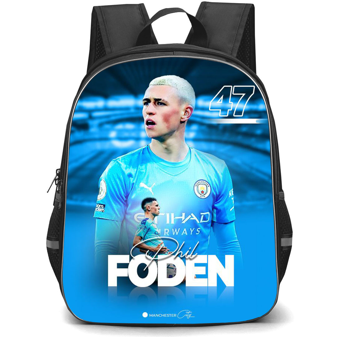 Phil Foden School Backpack StudentPack - Phil Foden 47 Manchester City F.C Portrait On Blue Graphic Art Background