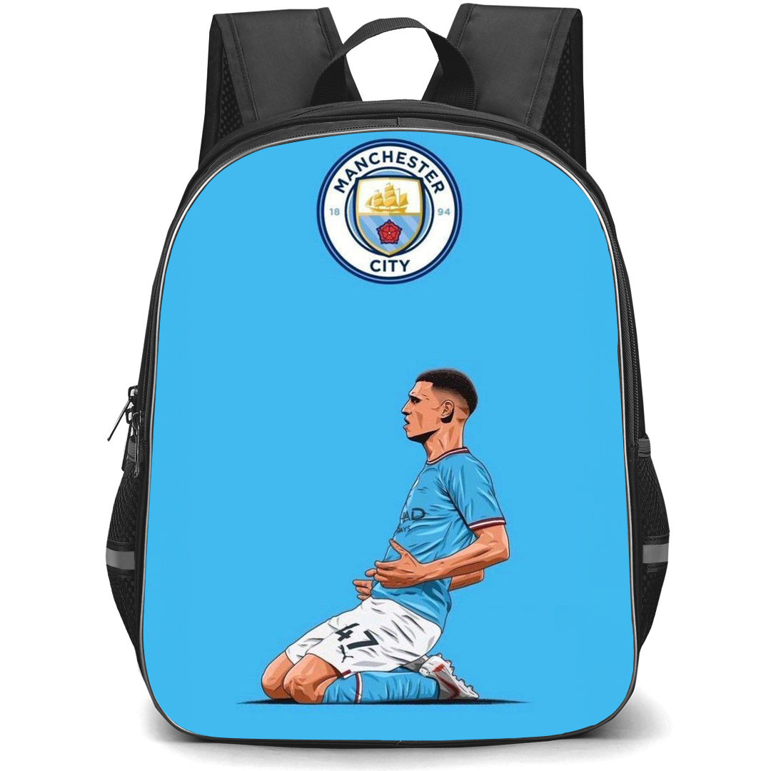 Phil Foden School Backpack StudentPack - Phil Foden Manchester City F.C Goal Celebration Illustration Art On Blue Background