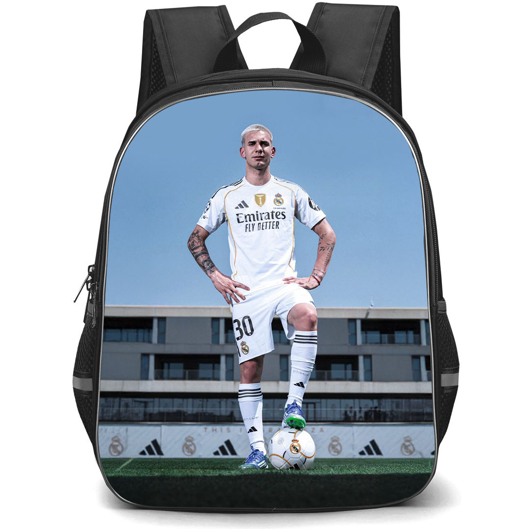 Franco Mastantuono Backpack School Bag StudentPack - Franco Mastantuono Poses With The Real Madrid jersey Poster