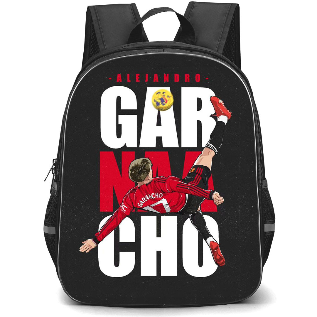 Alejandro Garnacho School Backpack StudentPack - Alejandro Garnacho 17 Manchester United Bicycle Kick Illustration On Word Art Background