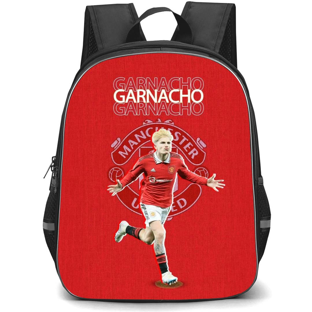 Alejandro Garnacho School Backpack StudentPack - Alejandro Garnacho Manchester United Celebration On Club Logo Red Background