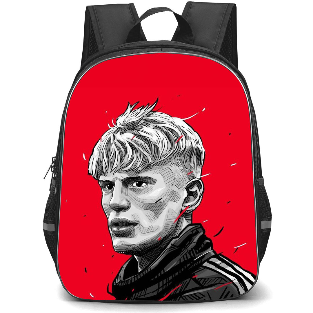 Alejandro Garnacho School Backpack StudentPack - Alejandro Garnacho Grayscale Side Portrait Illustration Art On Red Background