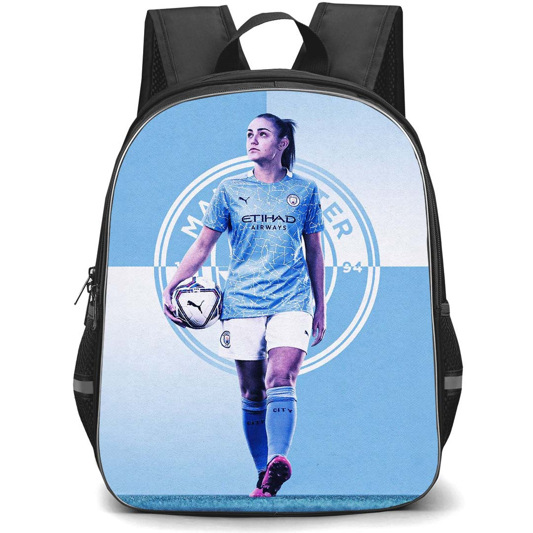 Georgia Stanway Backpack StudentPack - Georgia Stanway Manchester City F.C. Holding Ball On Blue White Background