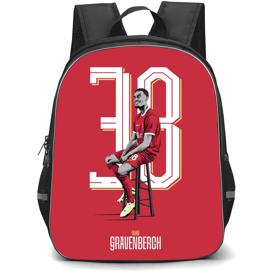 Ryan Jiro Gravenberch Backpack StudentPack - Ryan Jiro Gravenberch 38 Liverpool F.C. Sitting Illustration Art On Red Background