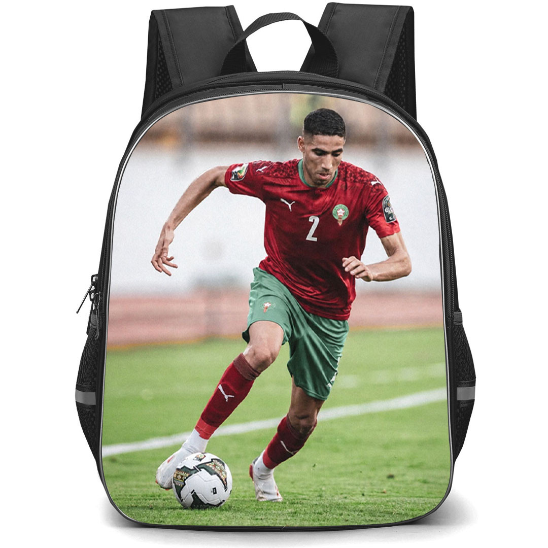 Achraf Hakimi Backpack School Bag StudentPack - Achraf Hakimi Jersey Number 2 Morocco National Team Dribbling Action Poster