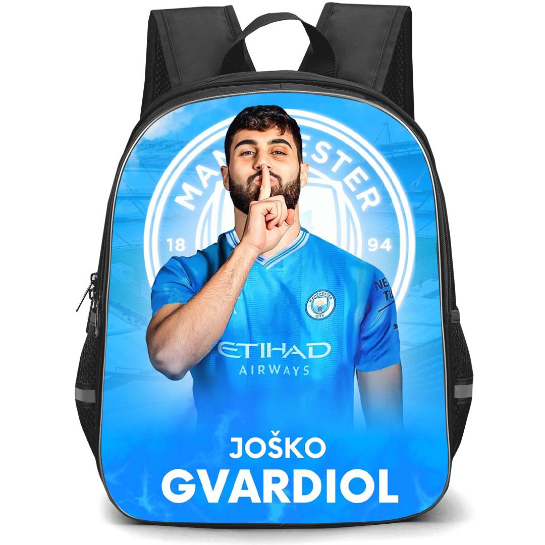 Josko Gvardiol Backpack StudentPack - Josko Gvardiol Manchester City F.C. Portrait On Logo Blue Background