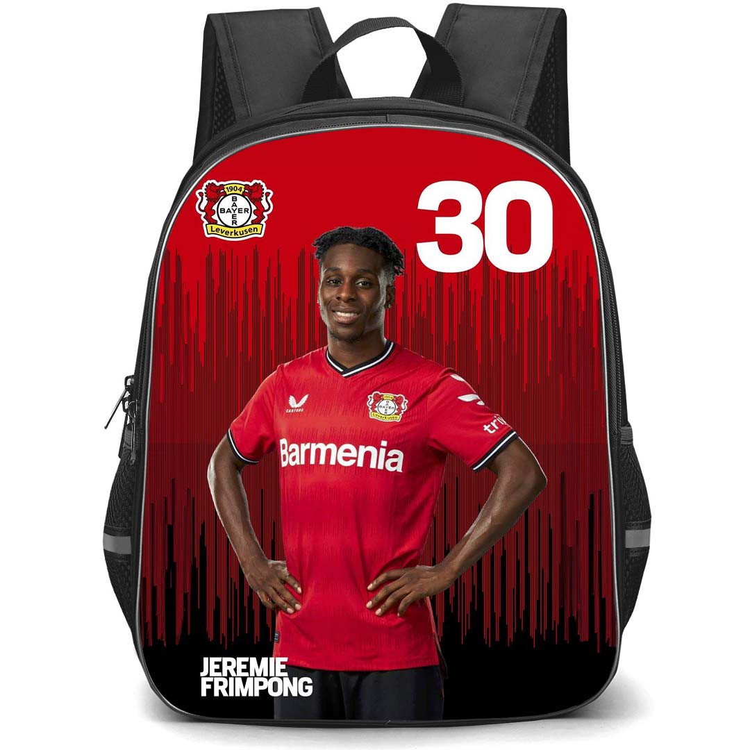 Jeremie Frimpong School Backpack StudentPack - Bayer 04 Leverkusen Jeremie Frimpong 30 Portrait On Red Background