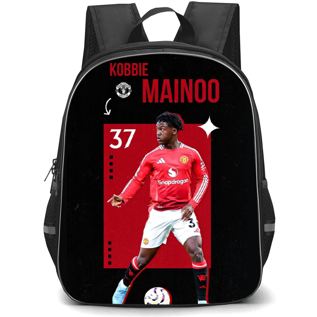Kobbie Mainoo Backpack StudentPack - Kobbie Mainoo 37 Manchester United Dribbling On Red Black Background