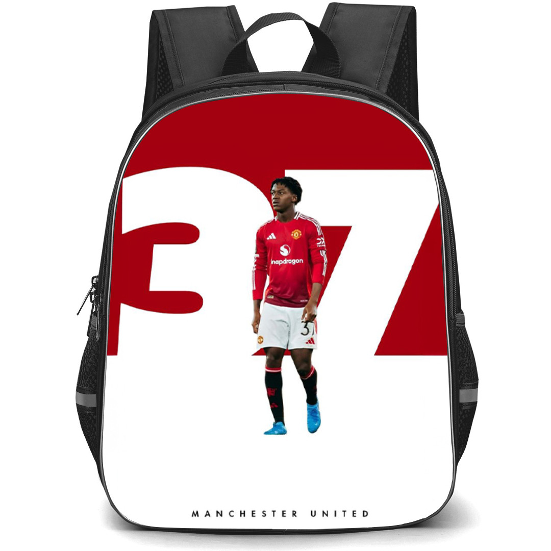 Kobbie Mainoo Backpack StudentPack - Kobbie Mainoo 37 Manchester United Standing On White Red Background